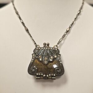 Vintage 1928 Gold Locket Necklace Purse Pendant Crystal Accents Gilded Age 185